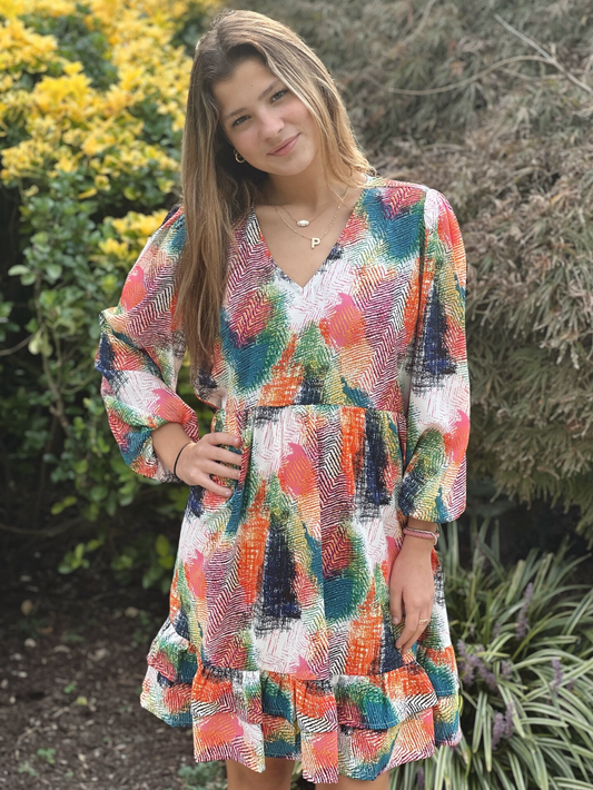 Print Bubble Sleeves Dress