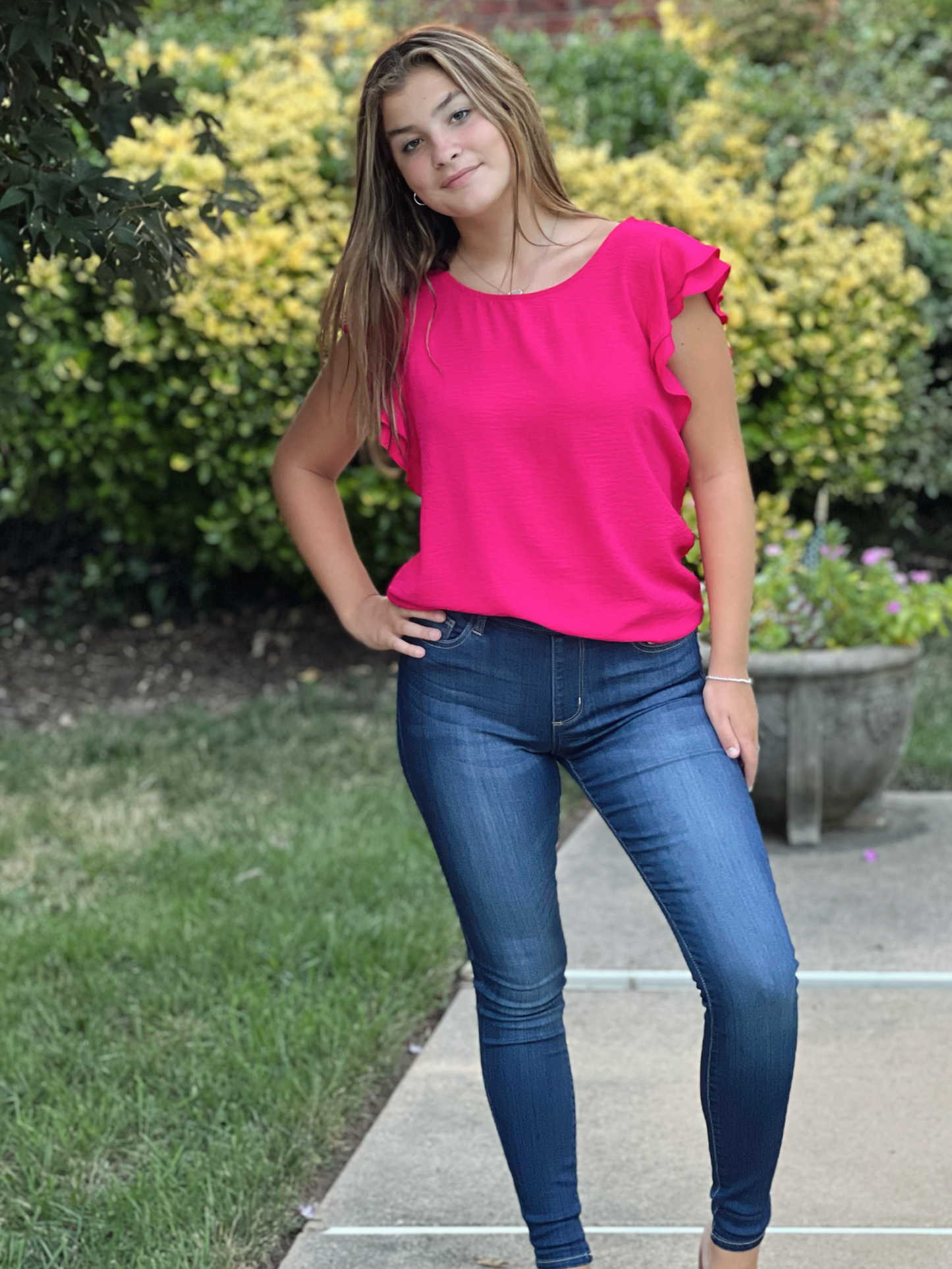 Ruffle Sleeve Top (Fuchsia)